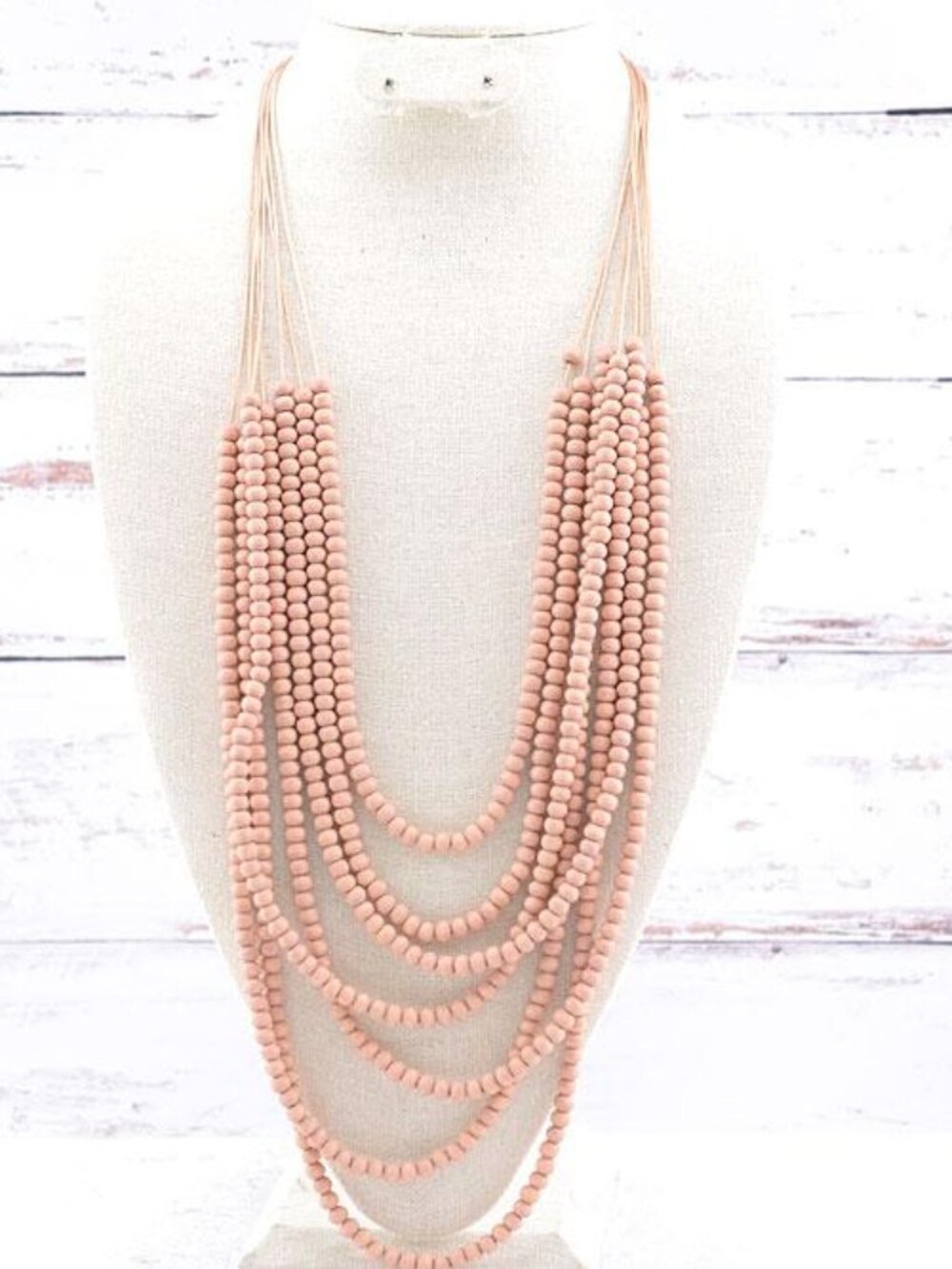 NEW Western Multi Strand Wooden Beaded Nude Pink Boho Statement Necklace